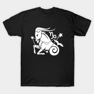 Capricorn - Zodiac Astrology Symbol with Constellation and Sea Goat Design (White on Black, Symbol Only Variant) T-Shirt